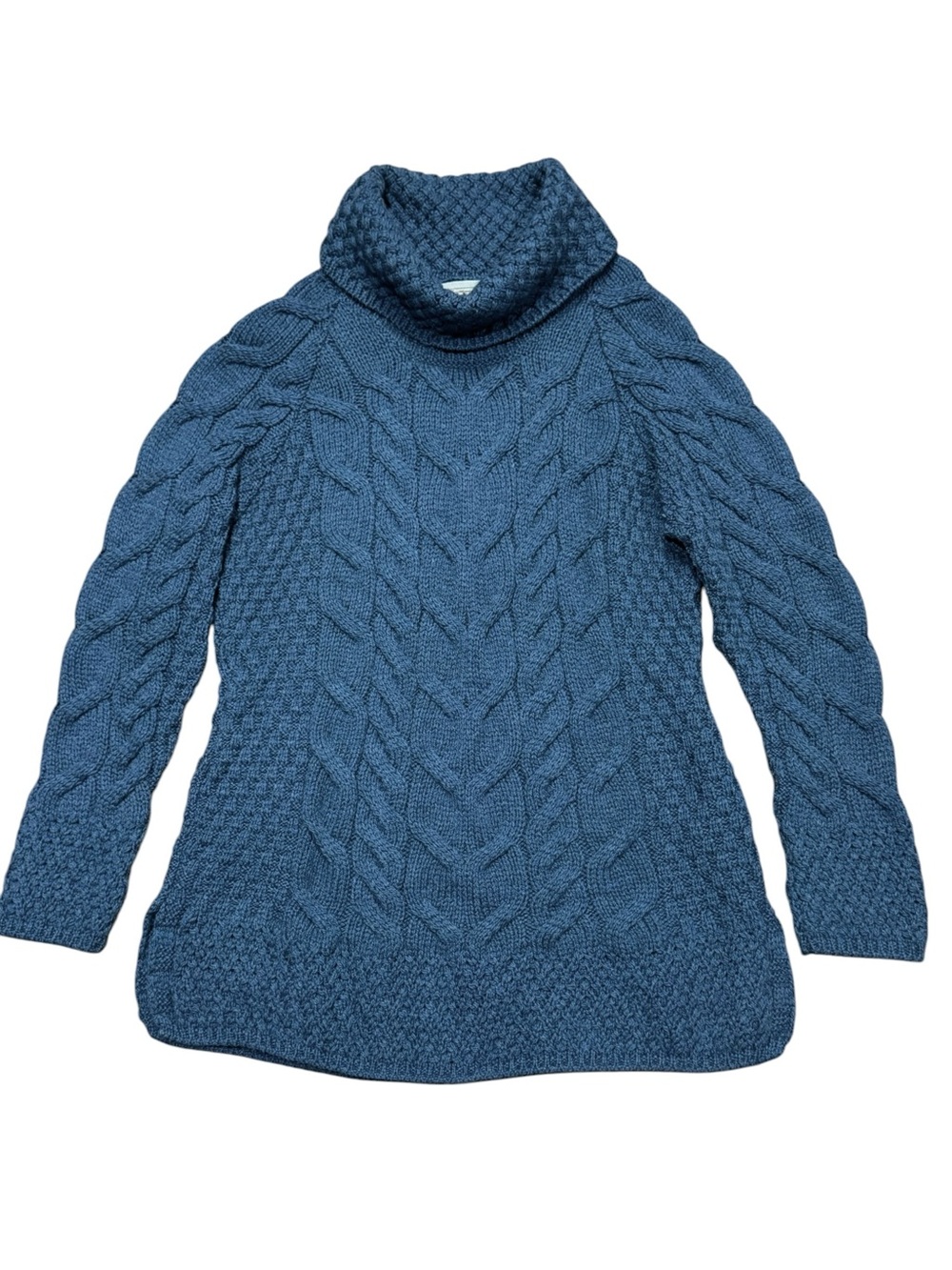 Aran Sweater Sz M Cable Knit Fisherman Merino Turtleneck Blue Made in Ireland